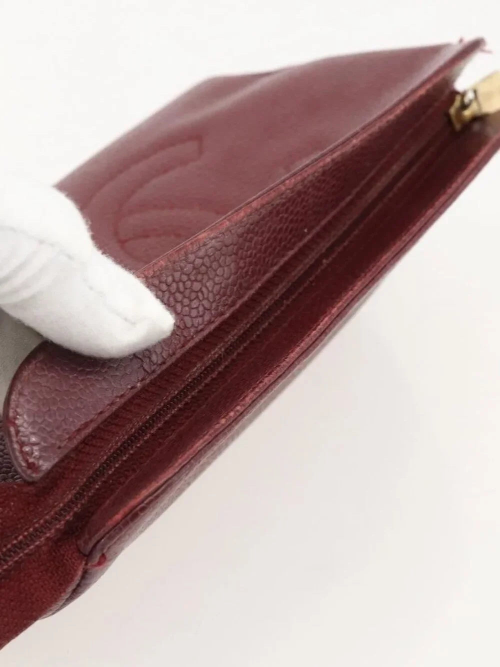 CHANEL Pouch Grained Calf Skin Bordeaux Gold CC Auth yk20274